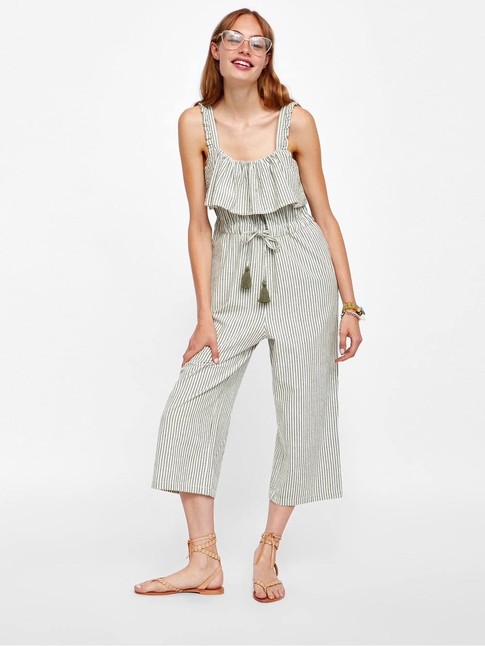 Zara Basic Striped Jumpsuit with Ruffles and Tassel Drawstring Waist Size S